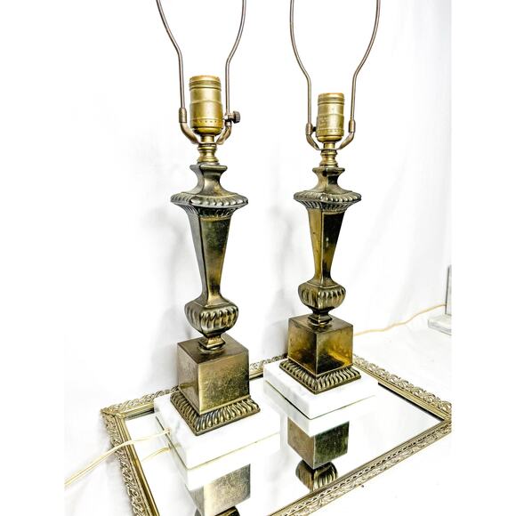 Set Of Vintage Heavy Brass Lamp with Marble Base - Picture 2 of 10